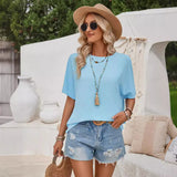 Summer New Women's Hot Selling Loose Round Collar Solid Color Back Lace Short-Sleeved Top