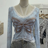 Shot Micro-Permeable Mesh Butterfly Print Splicing Lace Hanging Neck Horn Long-Sleeved T-Shirt Repair Short Top
