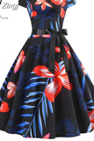 Print Summer Dress Women Short Sleeve Vintage Midi Dress Tunic Retro Elegant Swing Rockabilly Party Dresses