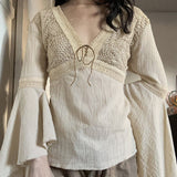 Fabric Splicing With V-Neck Horn Sleeve T-Shirt Woman 2025 Thin New Top