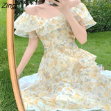 The Shoulder Dresses Women Ruffles Floral Designer Fairy Elegant Dress Female Summer Evening Party Vintage Midi Dresses