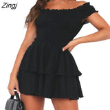 Women's Summer Short A-line Dress Short Sleeve Off Shoulder Swiss Dot Layered Ruffle Dress