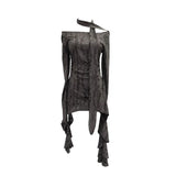 Dark Waste Soil Wind Makes The Old Hole Hanging Shoulder Hanging With Long Sleeves Irregularly Open Fork T-Shirt Skirt