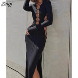 Women Fashion Spring Autumn Solid Color Round Neck Long Sleeve Long Dress Cross Tie-Up Cutout High Split Party
