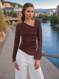 2025 Autumn New Temperament Folding Irregular Oblique Shoulder Design Long-Sleeved Knitted Top