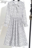 Women Elegant Casual Floral Print Autumn Winter Pleated Dress Vintage Bow Collar Long Sleeve Chiffon Shirt Dress 2023 Robe