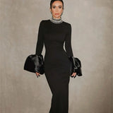 Fashionable Horn Sleeves Water Drilling Black Dress Fashion Elegant Dinner Tweed