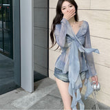 Lotus Side Long-Sleeved Shirt Women's Thai V-Neck Top High-Grade Tie Dye Chic Shirt Autumn