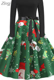 Women Christmas Dress Vintage Robe Swing Elegant Party Xmas Long Sleeve Casual Print Black New Year