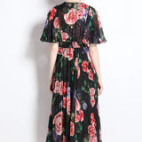 V-Neck Print Chiffon Dress Women's Waist Thin Temperament Lotus Leaf Side Short Sleeves To Close The First Love Fairy