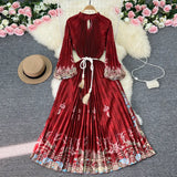 Zingj Luxury Retro French Round Collar Lantern Long Sleeve Print Dress Women's Belt With Loose Waist Show Thin Pleated