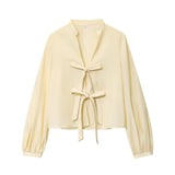 New Fashion Temperament Bow Striped House Silk Lining Long-Sleeved Shirt