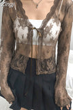 Fashion White Lace Top Women T-shirt Transparent Summer Front Tie Up Crop Tops Retro Cardigan Long Sleeve