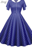 Women Summer Dress Slim Short Sleeve Polka Dot Print High Waist Vintage Elegant Office Party Midi Sundress