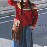 Zingj National Style Jacquard Small Red Sweater Design Sense Contrast Color Thick Sweater Autumn Winter New Foreign Style Jacket-Outfit