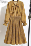 Women Elegant Casual Floral Print Autumn Winter Pleated Dress Vintage Bow Collar Long Sleeve Chiffon Shirt Dress 2023 Robe
