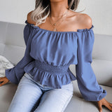 Wind Shooting Autumn And Winter New Sexy Word Collar Under The Shoulder Hem To The Leaves Of The Chiffon Shirt Women's