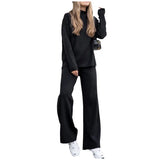 New Hot Pure Color Knitted Jacket High-Collar Sweater Set Loose Top + Pants