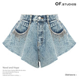 New Station Styling Lotus Leaves Side Hem Wide Legs Denim Shorts Hot Pants Fake Skirts