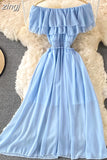 Chiffon Dress Women Sexy Slash Neck Ruffle Robe Elegant Ruffle High Waist Vestidos Female Beach Vacation