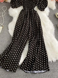 Vintage Women Polka Dot Romper Sexy V-Neck Puff Short Sleeve High Waist Backless Wide Leg Jumpsuits Female New