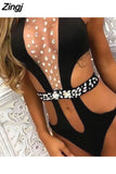 Sexy Women Bikini One-Piece Bodysuit Swimsuit Beachwear Halter Backless Push-up Diamond Hollow Out Monokini Bathing Suit
