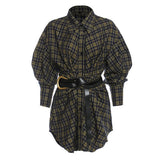 New Plaid Shirt Women's New Loose Korean Version Of The Retro Belt With Long Shirt Skirt