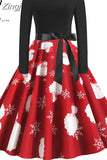 Women Christmas Dress Vintage Robe Swing Elegant Party Xmas Long Sleeve Casual Print Black New Year
