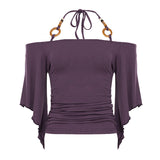 New Retro Stripe Shoulder Horn Sleeve T-Shirt Hottie Beaded Neck Small Repair