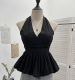 Retro Hanging Neck Tie With Bare Back Sling Skirt Folded Short Sleeveless Top Woman