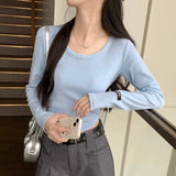 Design Label Large Round Neck Long-Sleeved T-Shirt Women's Early Autumn Low-Collar Bottomed Blouse Threaded Slim