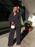 Women's Set Long Sleeve Shirt Tops and Wide Leg Pants Elegant Tracksuit Two Piece Set Sweatsuit Fitness Outfits