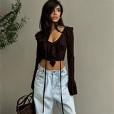 2025 New Solid-Colored Lotus Side Knitted Shirt Women's Short Sexy Hot Girl Fashion V Collar