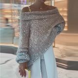 Zingj Autumn And Winter New Solid Color Sequins Hot Style A Word Shoulder Loose Languid Lazy Wind Sweater Female-Outfit