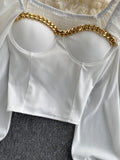 Women Black/White Blouse Sexy Square Collar Lantern Long Sleeve Short Tops Female Elegant Party Shirt Blusas 2023