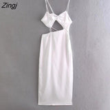 New Women Sexy Asymmetrical Soft Satin Sling Dress Female Chic High Street Side Zipper Hollow Out Party Vestidos