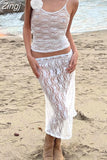 Sexy 2pcs Outfits Women Fairy Y2K Floral Lace Strap Tank Camis Crop Tops See Through Long Skirts Set Summer