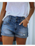 Commute Fashion Ripped Elastic High Waist Denim Shorts Women's