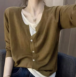 Two V-Neck Knitted Women's 2025 New Loose Thin Tops Long-Sleeved Sweater Bottom