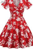 60s 50s Big Swing Summer Dress Women Causal Robe Midi Pin-Up Tunic Sundress Short Sleeve V Neck Party