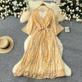 Retro Floral And Snow-Crushed Dress Woman Autumn Strapd To The Waist V Collar Horn Sleeve Temperament Over The Folded
