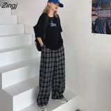 Women New Fashion Black Plaid Retro Harajuku Students Streetwear Full Length Wide Leg Trouser Chic Popular Hot Sale