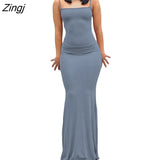Women’s Summer Suspender Bodycon Slim Fit Long Dress Fashion Solid Color Spaghetti Strap Party Tight