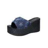 Slope And Slippers Women Wedge Slippers Denim Thick Bottom Slope With