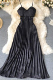 Sexy Spaghetti Strap Dress Women Elegant Hollow Out High Waist Pleated Vestidos Female Party Robe New