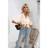 Summer Short Sleeve Shirt Solid Satin Silk Shirt Button Up Blouse Loose Office Ladies Tops Casual Shirts Elegant