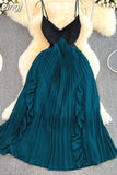 Women Spaghetti Strap Beach Long Dress Sexy V-Neck High Waist Ruffle Patchwork Pleated Maxi Robe Female Vacation 2023
