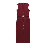 New With Belt Cuffless Sleeveless Fande Dress