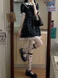 Japan Sweet Bow Jk Women Plaid Dress Chic Lace Patchwork A Line Sexy Dress Summer Preppy Style Student Puff Sleeve