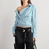 Zingj 2024 New Niche Design Irregular Cross Off-Shoulder Design Sense Long-Sleeved Shirt Women's Simple
